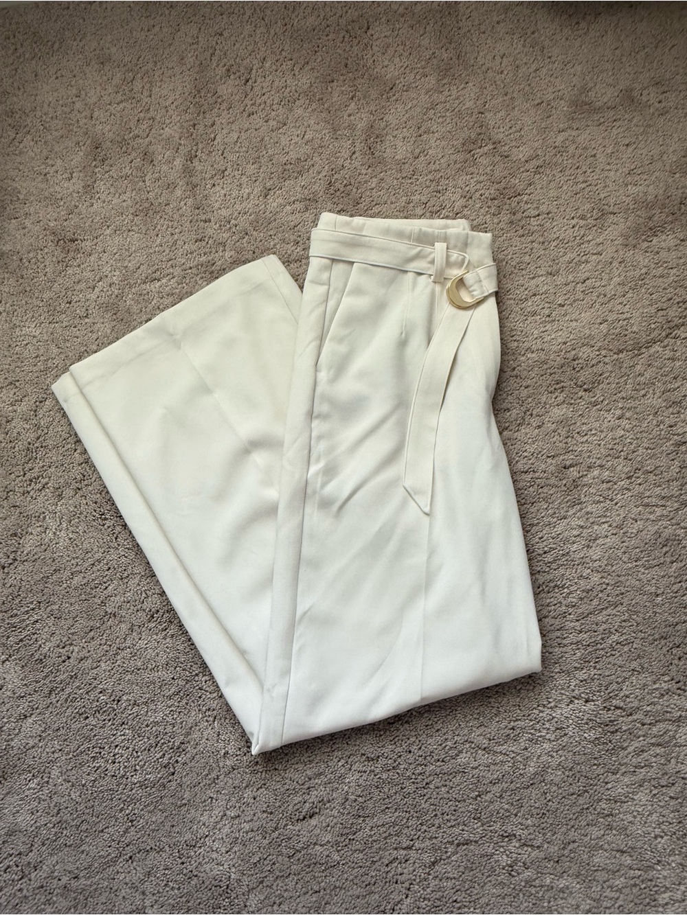 LOFT Cream High-Waist Belted Wide-Leg Trousers
